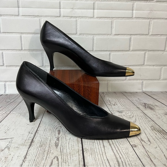 Stuart Weitzman Vintage Heels Black Gold Cap Toe Size 9 SS Narrow Leather READ - Picture 2 of 16